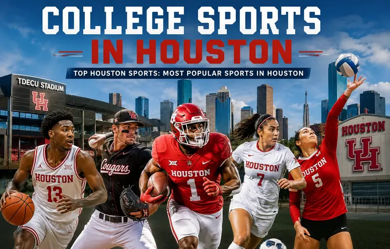 College athletes competing in football, basketball, baseball, soccer, and volleyball with the Houston skyline and university stadiums in the background during a college sports event in Houston.